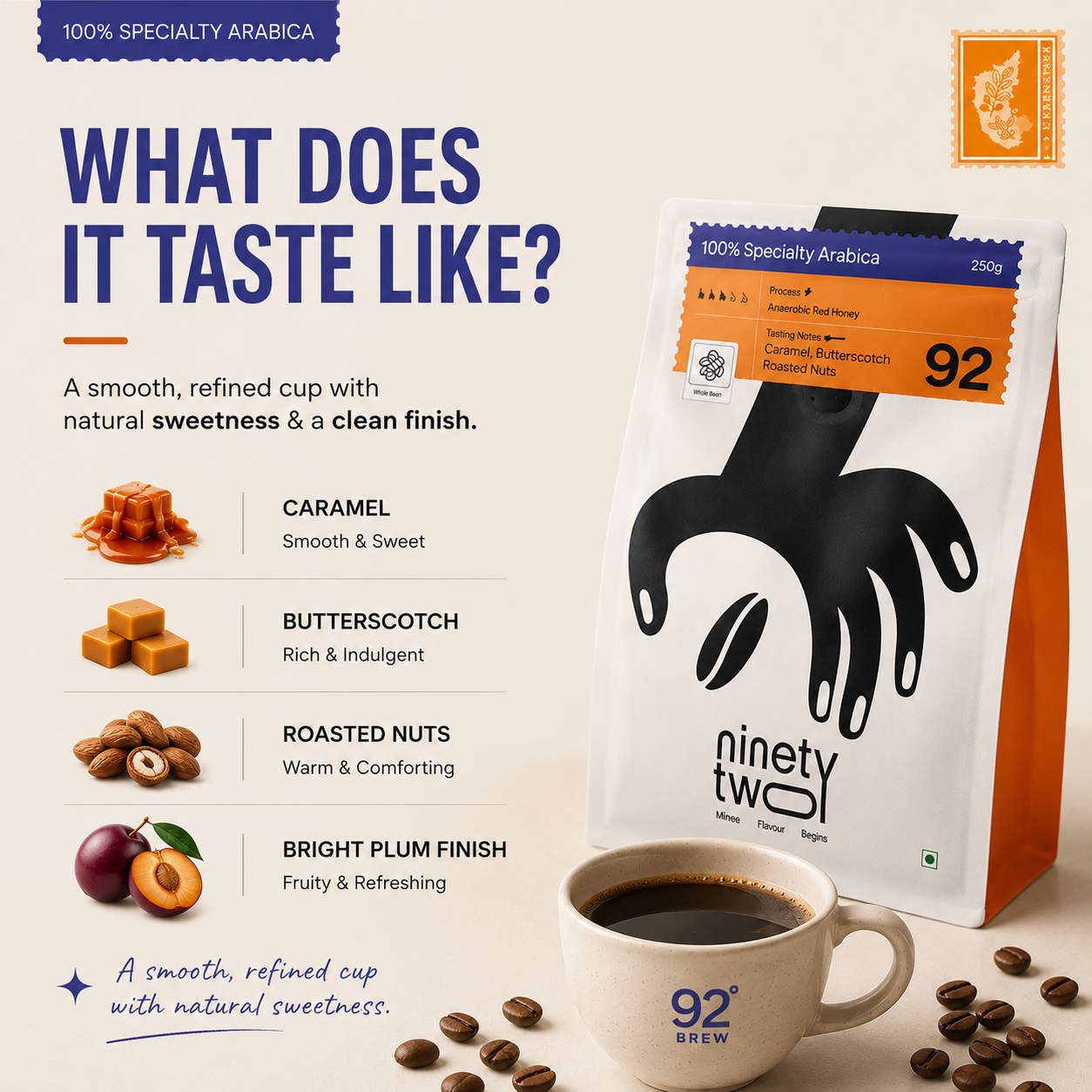 100% Specialty Arabica taste profile with caramel, butterscotch, roasted nuts, and bright plum finish